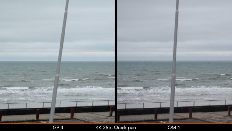 Side by side image showing the distortion produced by the G9 II and OM-1 when panning quickly during video recording.