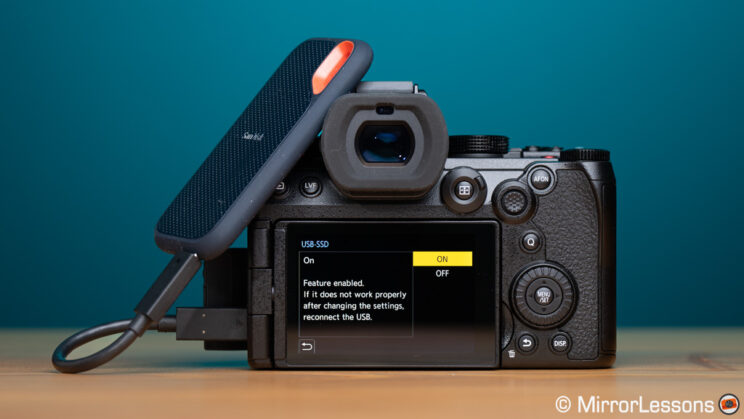 Lumix G9 II with SSD drive connected to the USB port