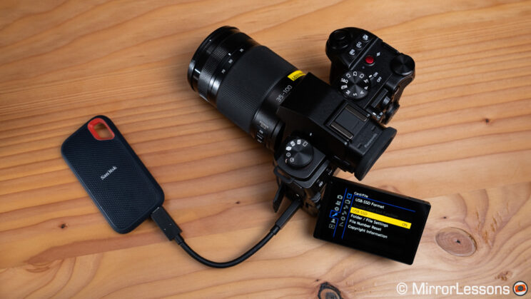 Panasonic G9 II with SSD drive connected to the USB port