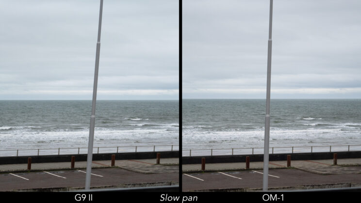Difference in distortion when panning slowly with the G9 II and OM-1, using the electronic shutter.