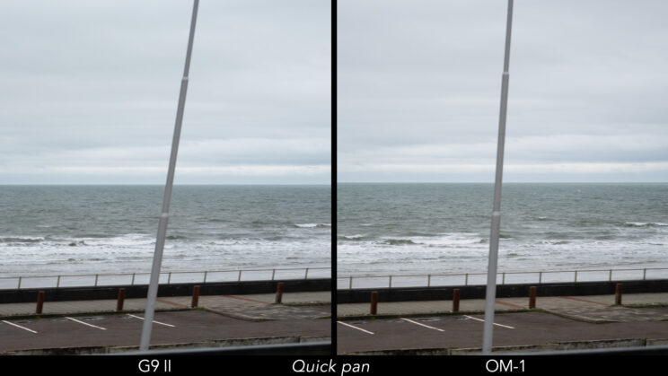 Difference in distortion when panning quickly with the G9 II and OM-1, using the electronic shutter.
